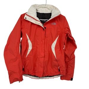 The North Face HyVent Ski Jacket Womens Small Red White Waterproof Hooded Shell